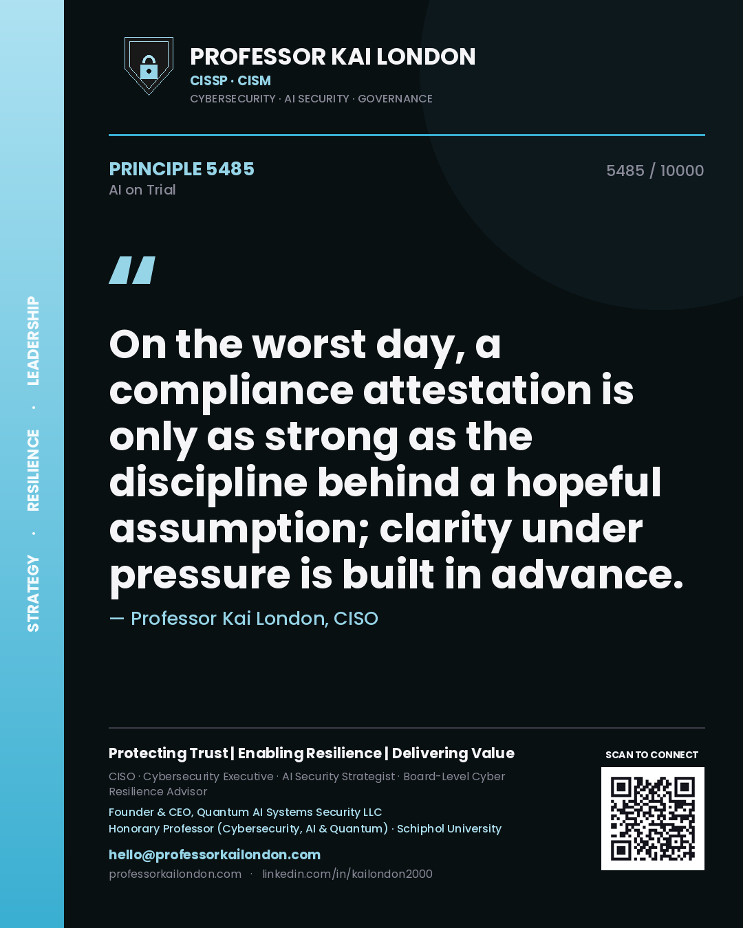 Quote card by Professor Kai London reading 'On the worst day, a compliance attestation is only as strong as the discipline behind a hopeful assumption; clarity under pressure is built in advance.'. From the book AI on Trial.