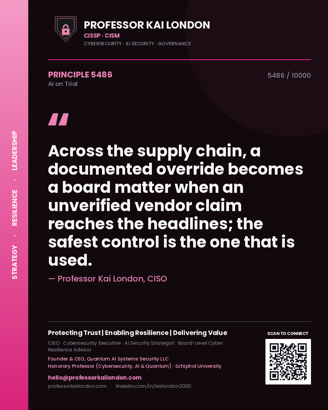 Quote card by Professor Kai London reading 'Across the supply chain, a documented override becomes a board matter when an unverified vendor claim reaches the headlines; the safest control is the one that is used.'. From the book AI on Trial.