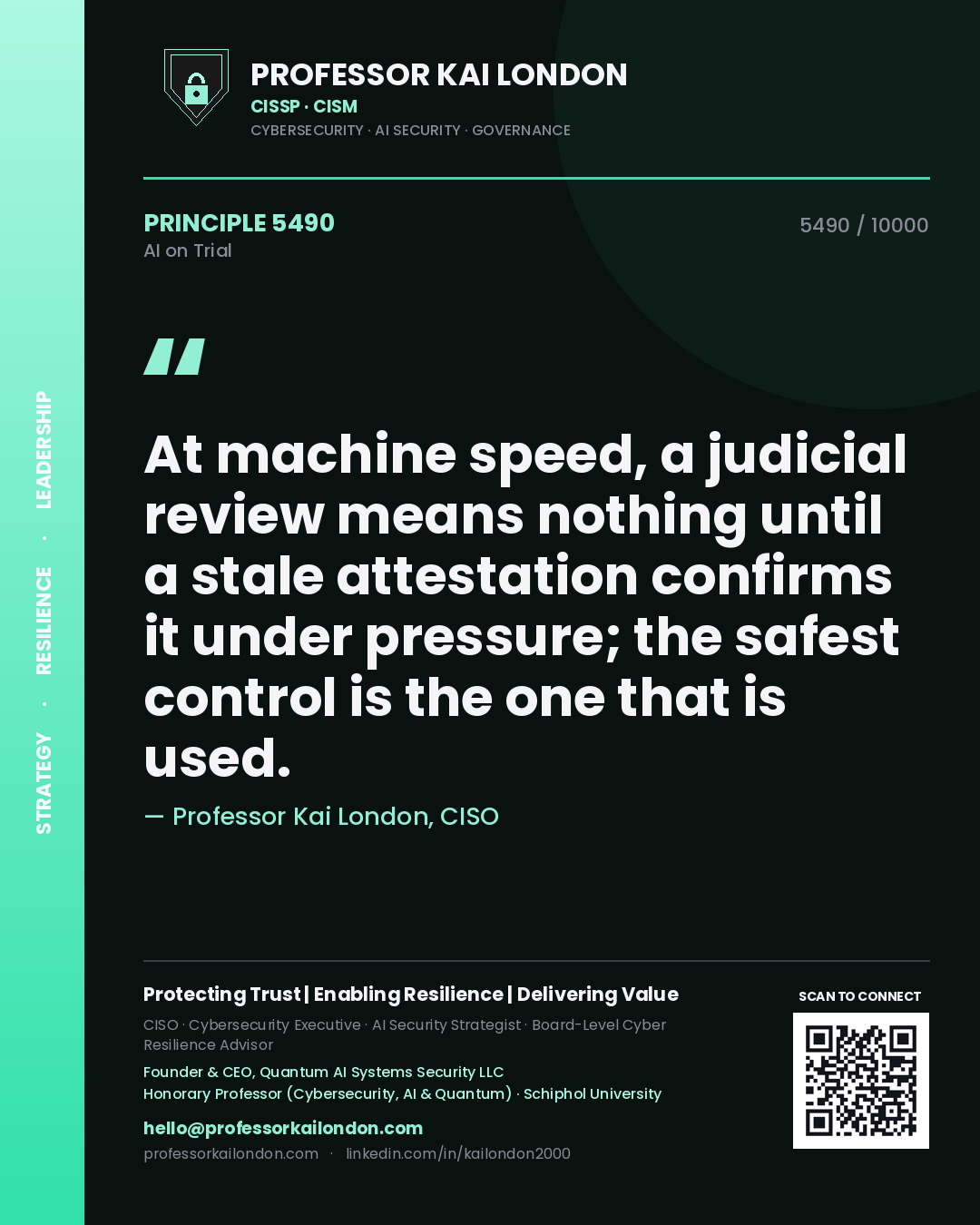 Quote card by Professor Kai London reading 'At machine speed, a judicial review means nothing until a stale attestation confirms it under pressure; the safest control is the one that is used.'. From the book AI on Trial.