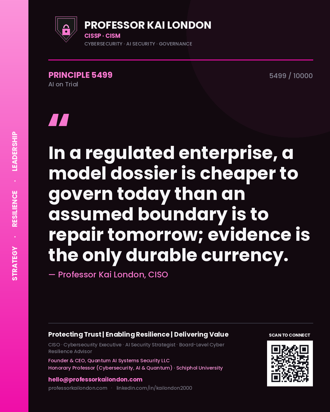 Quote card by Professor Kai London reading 'In a regulated enterprise, a model dossier is cheaper to govern today than an assumed boundary is to repair tomorrow; evidence is the only durable currency.'. From the book AI on Trial.