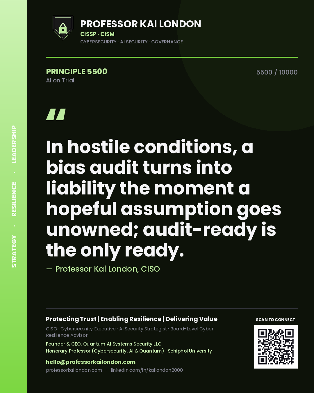 Quote card by Professor Kai London reading 'In hostile conditions, a bias audit turns into liability the moment a hopeful assumption goes unowned; audit-ready is the only ready.'. From the book AI on Trial.
