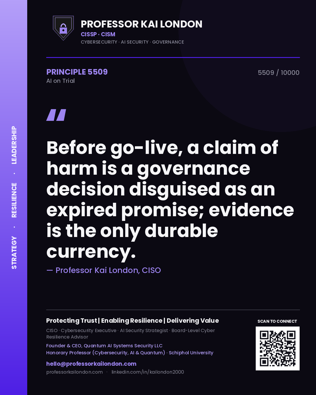 Professor Kai London principle 5509: Before go-live, a claim of harm is a governance decision disguised as an expired promise; evidence is the only durable currency.