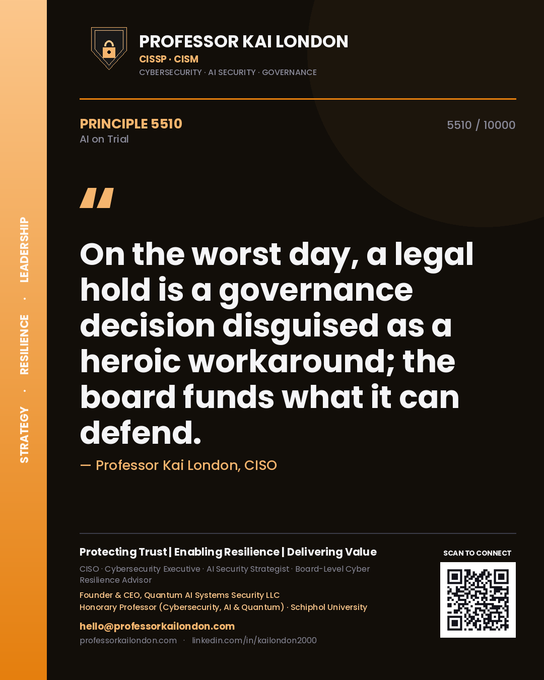 Professor Kai London principle 5510: On the worst day, a legal hold is a governance decision disguised as a heroic workaround; the board funds what it can defend.
