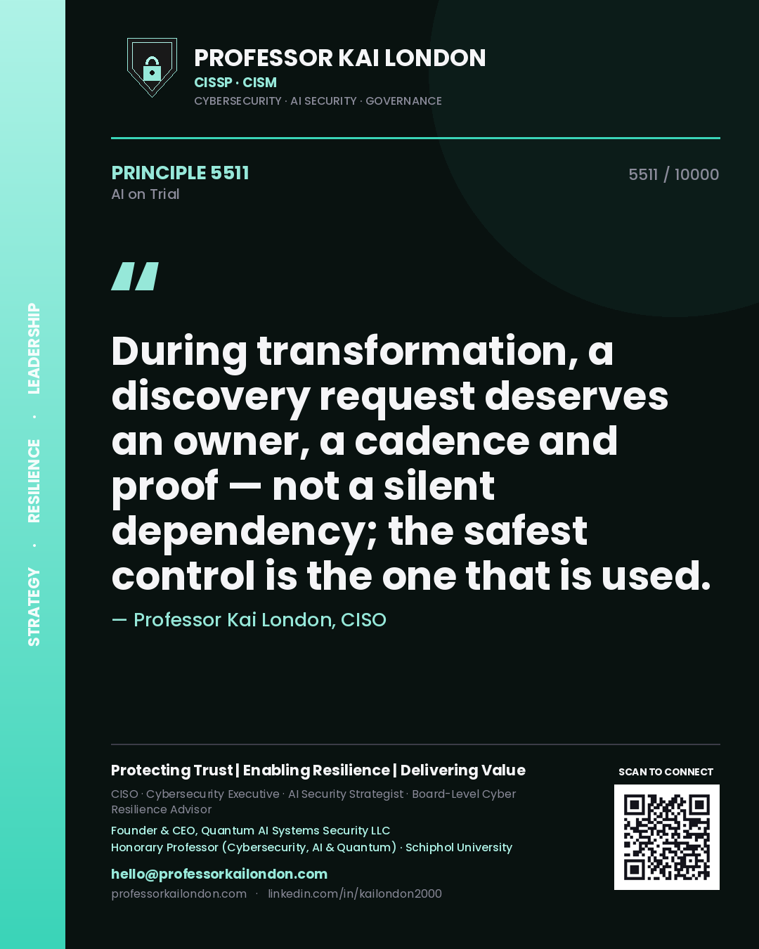 Quote card by Professor Kai London reading 'During transformation, a discovery request deserves an owner, a cadence and proof — not a silent dependency; the safest control is the one that is used.'. From the book AI on Trial.