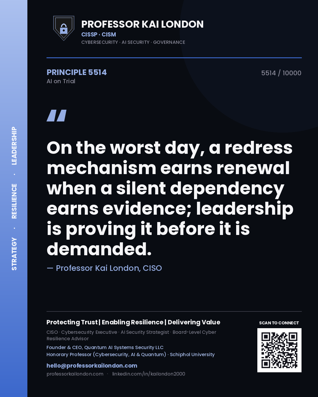Professor Kai London principle 5514: On the worst day, a redress mechanism earns renewal when a silent dependency earns evidence; leadership is proving it before it is demanded.