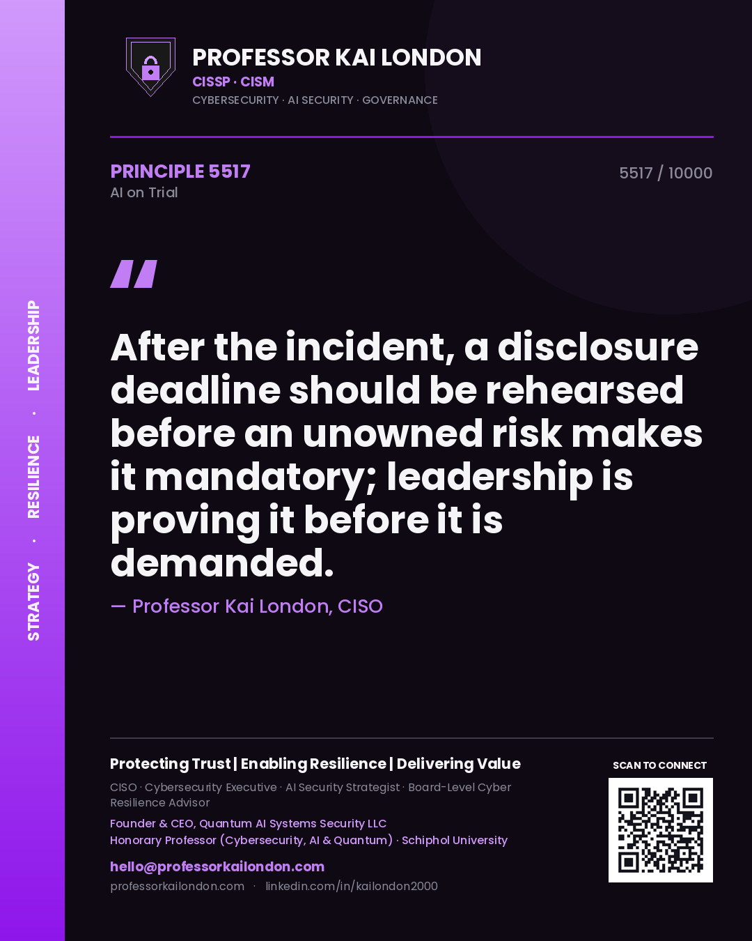 Quote card by Professor Kai London reading 'After the incident, a disclosure deadline should be rehearsed before an unowned risk makes it mandatory; leadership is proving it before it is demanded.'. From the book AI on Trial.