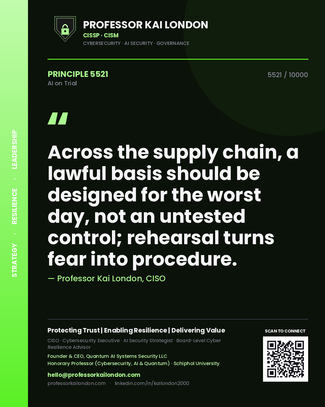 Professor Kai London principle 5521: Across the supply chain, a lawful basis should be designed for the worst day, not an untested control; rehearsal turns fear into procedure.