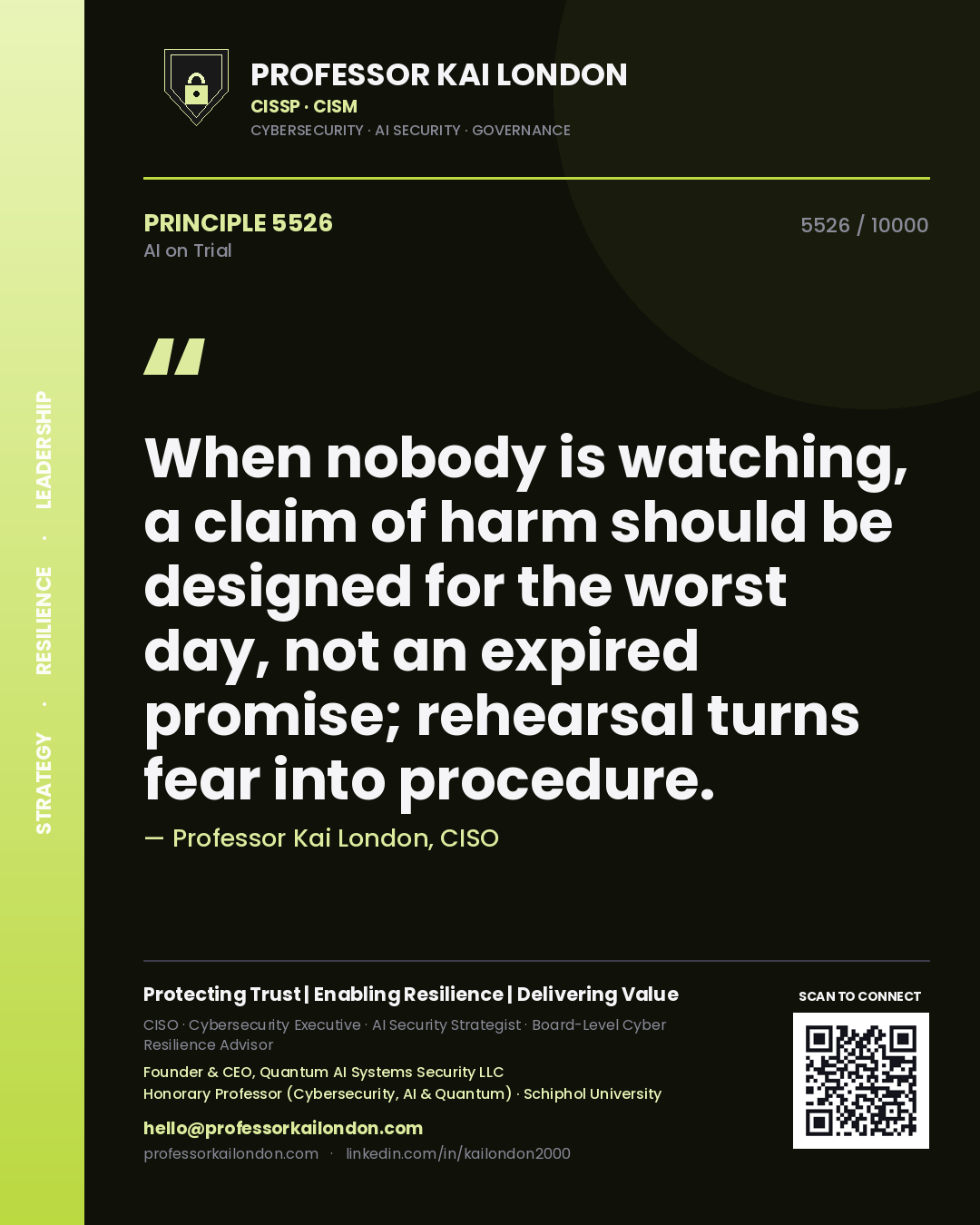 Quote card by Professor Kai London reading 'When nobody is watching, a claim of harm should be designed for the worst day, not an expired promise; rehearsal turns fear into procedure.'. From the book AI on Trial.