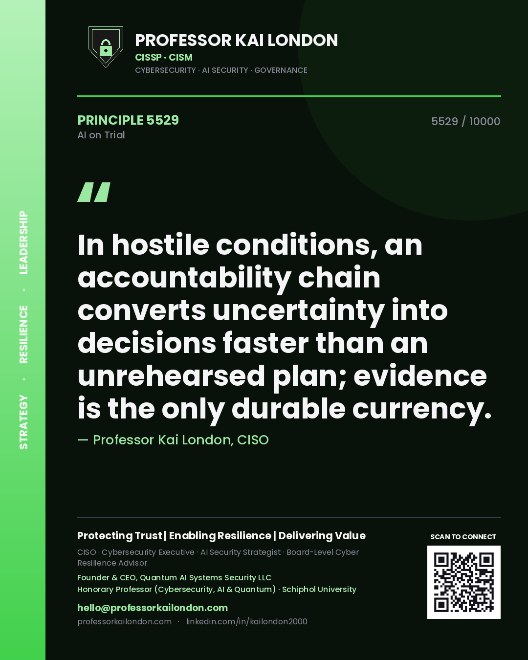 Professor Kai London principle 5529: In hostile conditions, an accountability chain converts uncertainty into decisions faster than an unrehearsed plan; evidence is the only durable currency.
