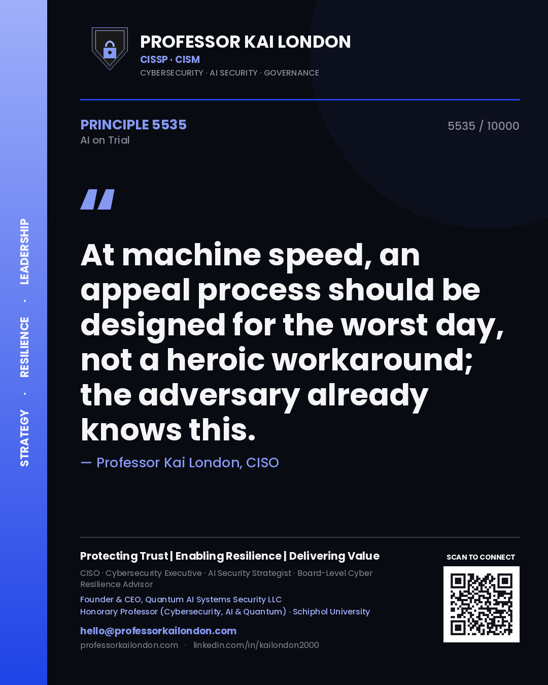 Professor Kai London principle 5535: At machine speed, an appeal process should be designed for the worst day, not a heroic workaround; the adversary already knows this.