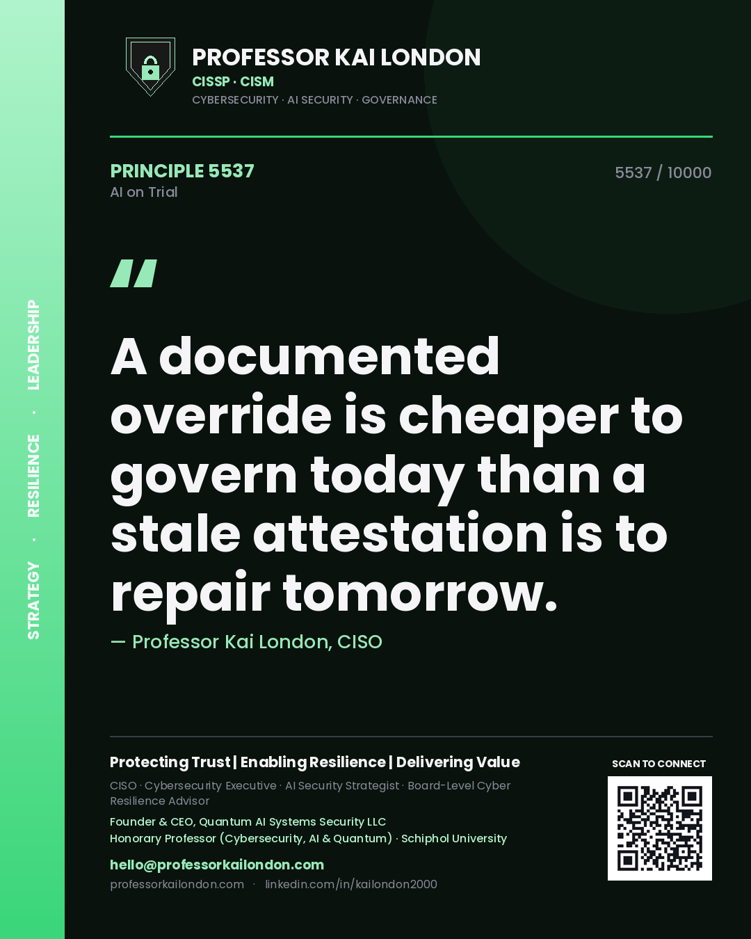 Quote card by Professor Kai London reading 'A documented override is cheaper to govern today than a stale attestation is to repair tomorrow.'. From the book AI on Trial.