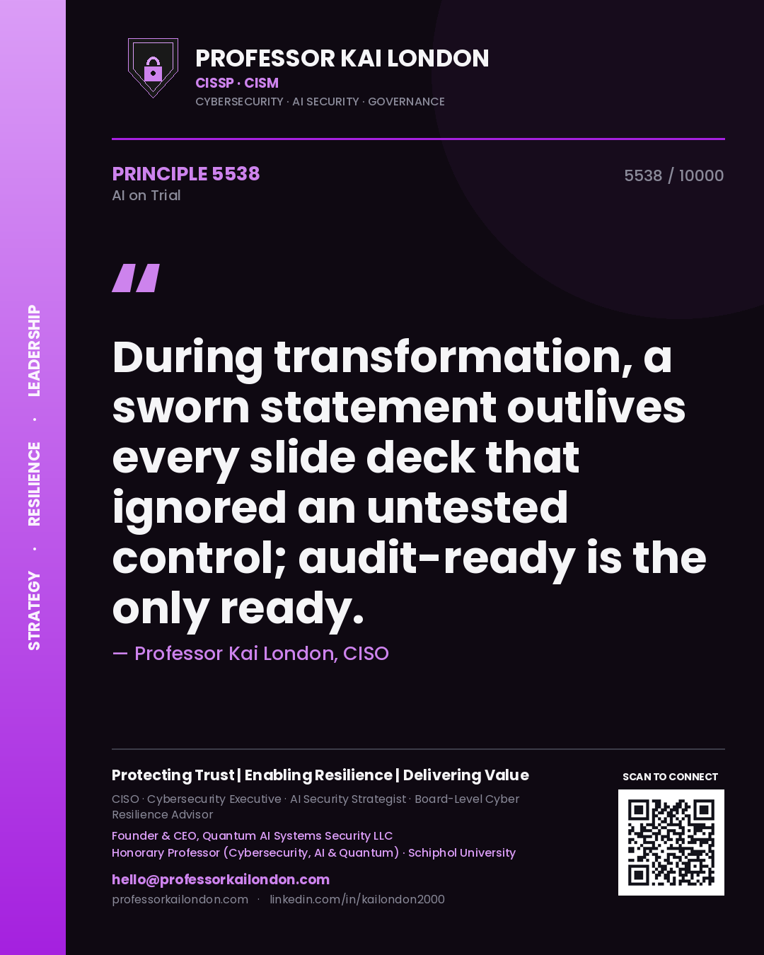 Professor Kai London principle 5538: During transformation, a sworn statement outlives every slide deck that ignored an untested control; audit-ready is the only ready.