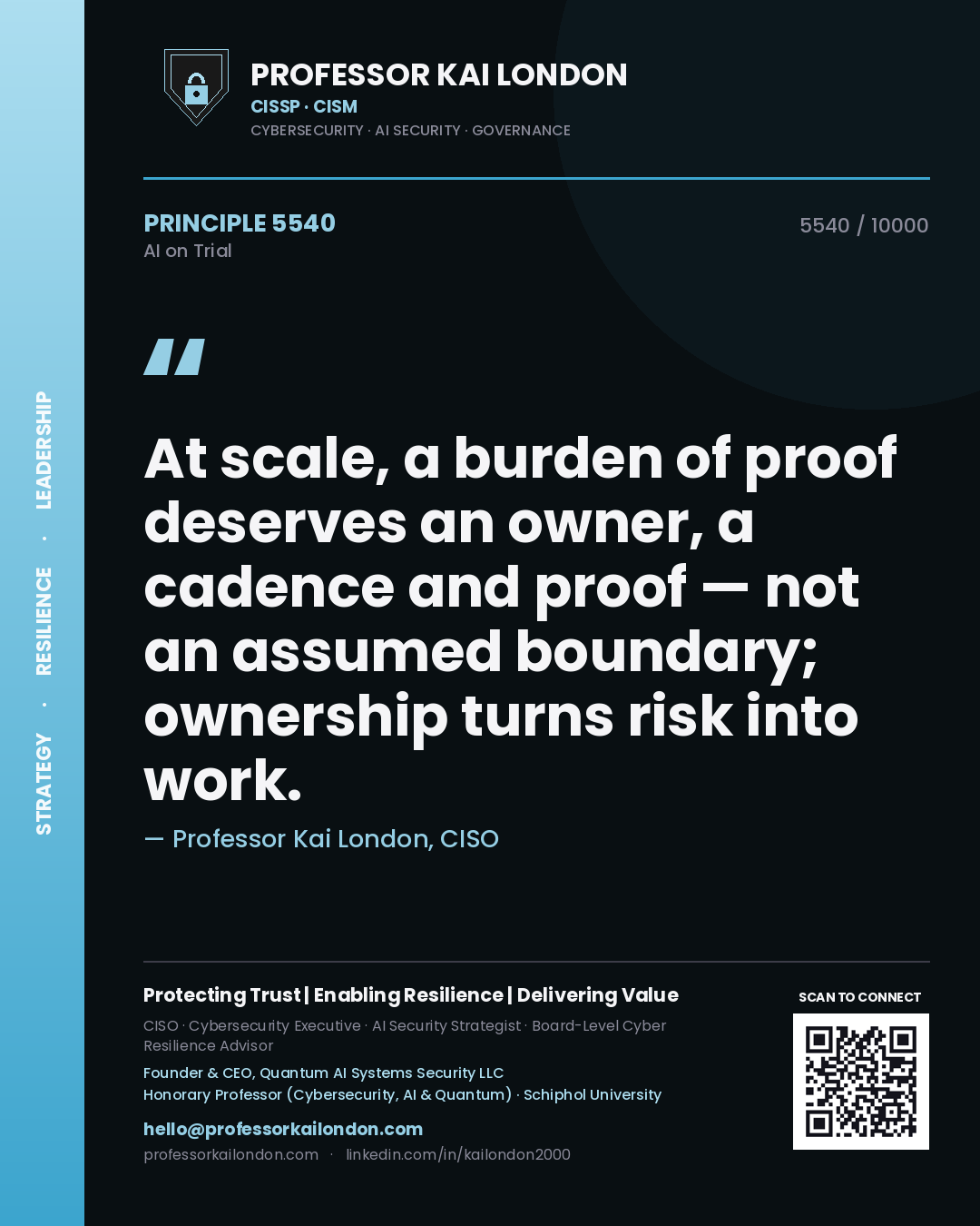 Professor Kai London principle 5540: At scale, a burden of proof deserves an owner, a cadence and proof — not an assumed boundary; ownership turns risk into work.