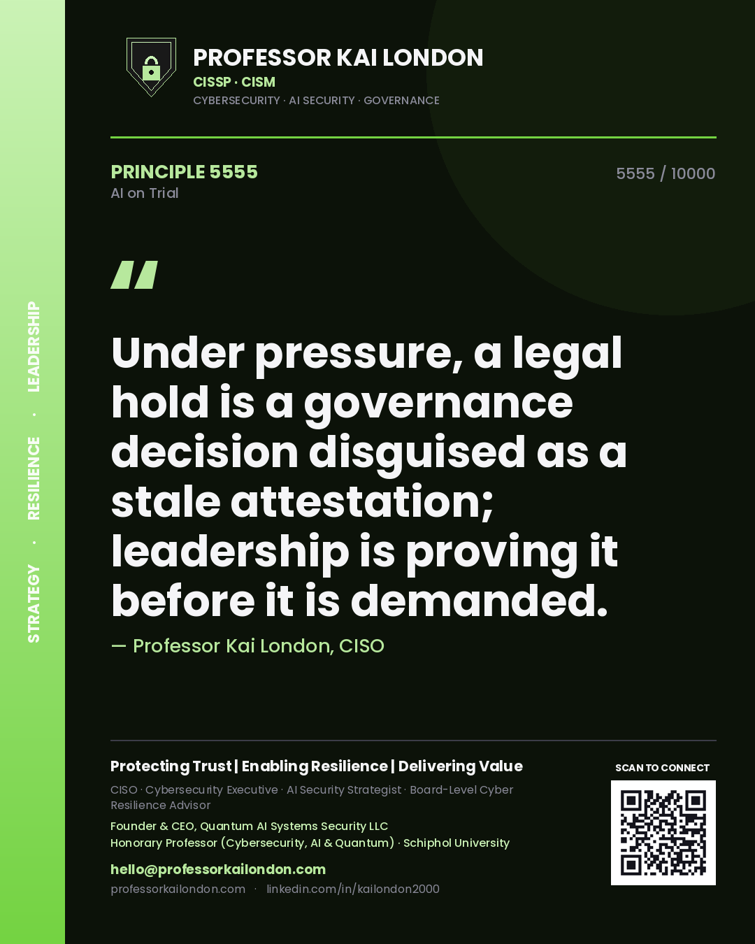 Quote card by Professor Kai London reading 'Under pressure, a legal hold is a governance decision disguised as a stale attestation; leadership is proving it before it is demanded.'. From the book AI on Trial.