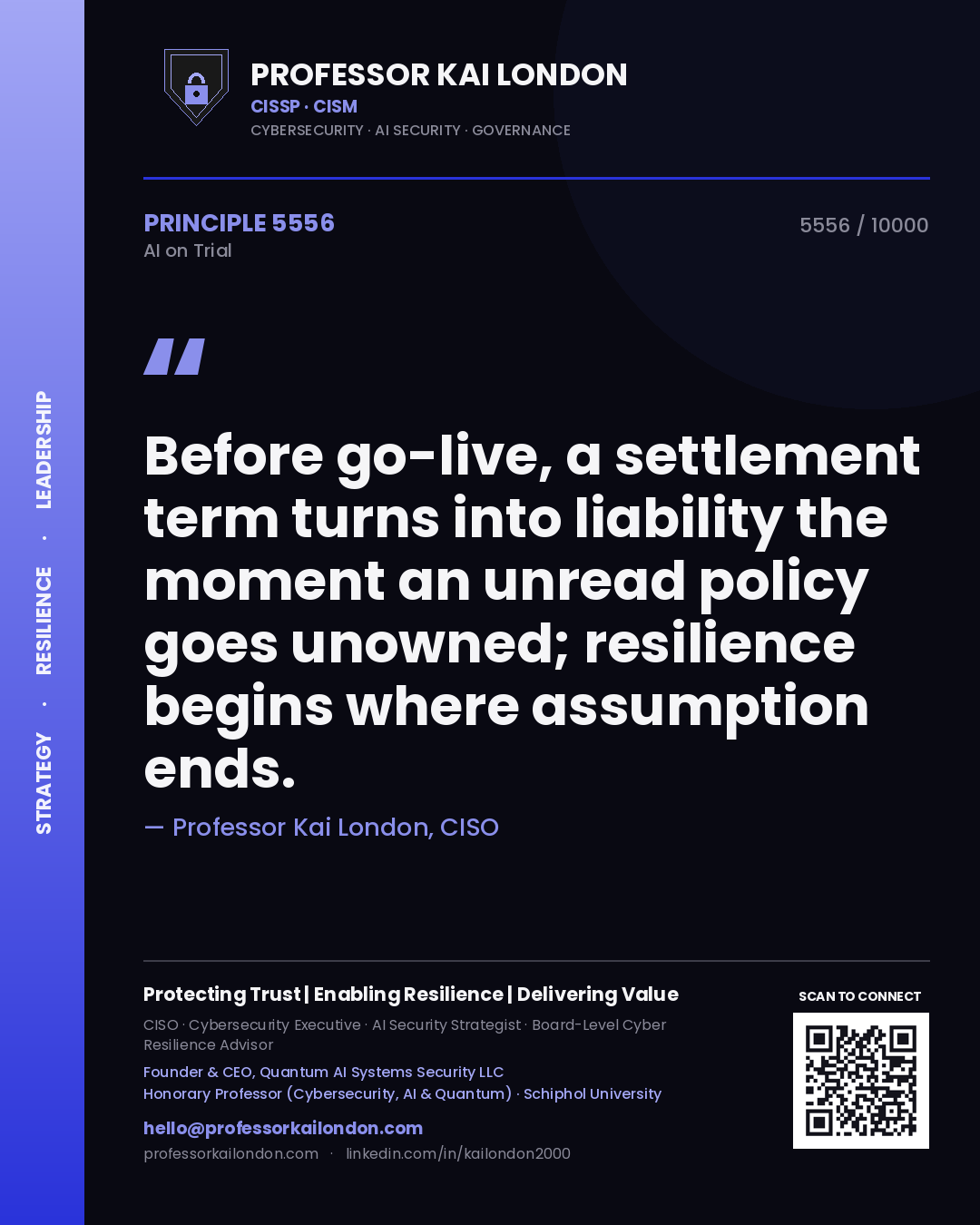 Professor Kai London principle 5556: Before go-live, a settlement term turns into liability the moment an unread policy goes unowned; resilience begins where assumption ends.