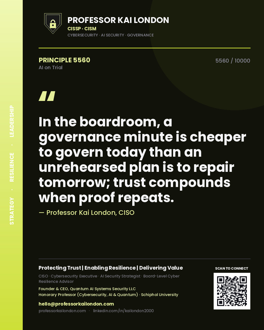 Quote card by Professor Kai London reading 'In the boardroom, a governance minute is cheaper to govern today than an unrehearsed plan is to repair tomorrow; trust compounds when proof repeats.'. From the book AI on Trial.