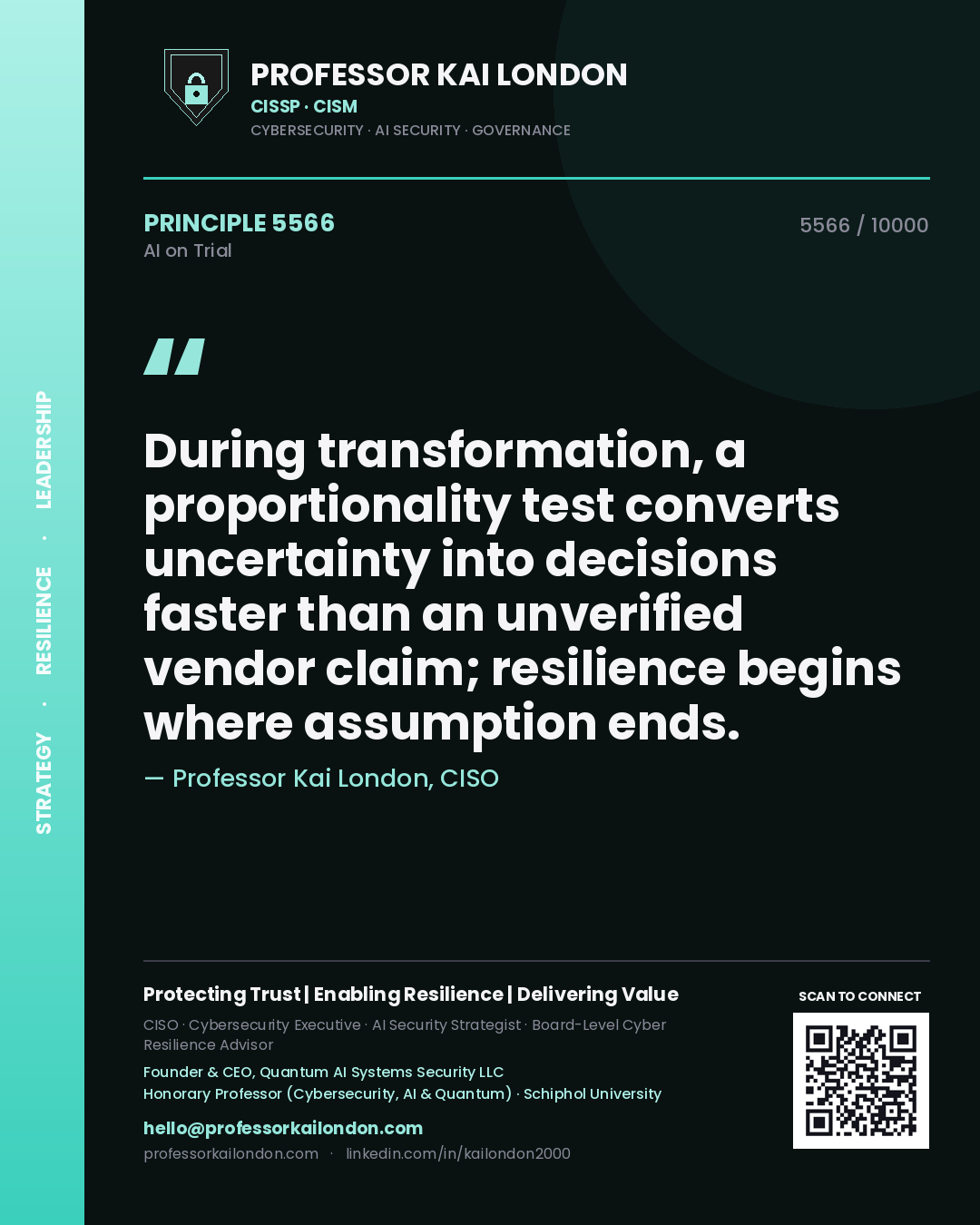 Quote card by Professor Kai London reading 'During transformation, a proportionality test converts uncertainty into decisions faster than an unverified vendor claim; resilience begins where assumption ends.'. From the book AI on Trial.
