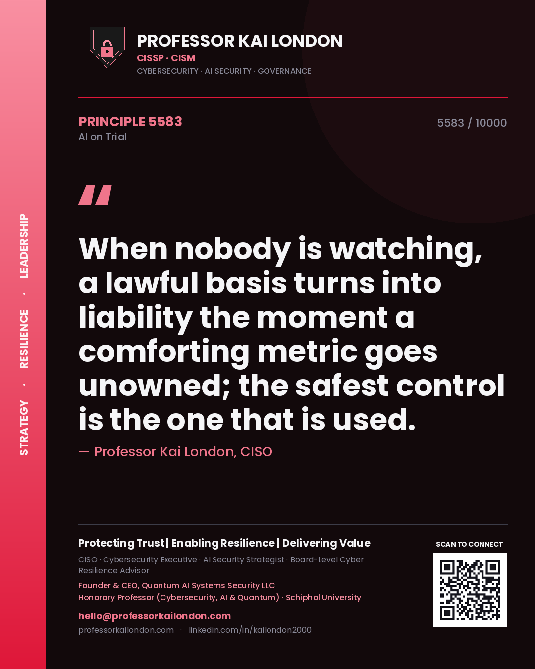 Quote card by Professor Kai London reading 'When nobody is watching, a lawful basis turns into liability the moment a comforting metric goes unowned; the safest control is the one that is used.'. From the book AI on Trial.