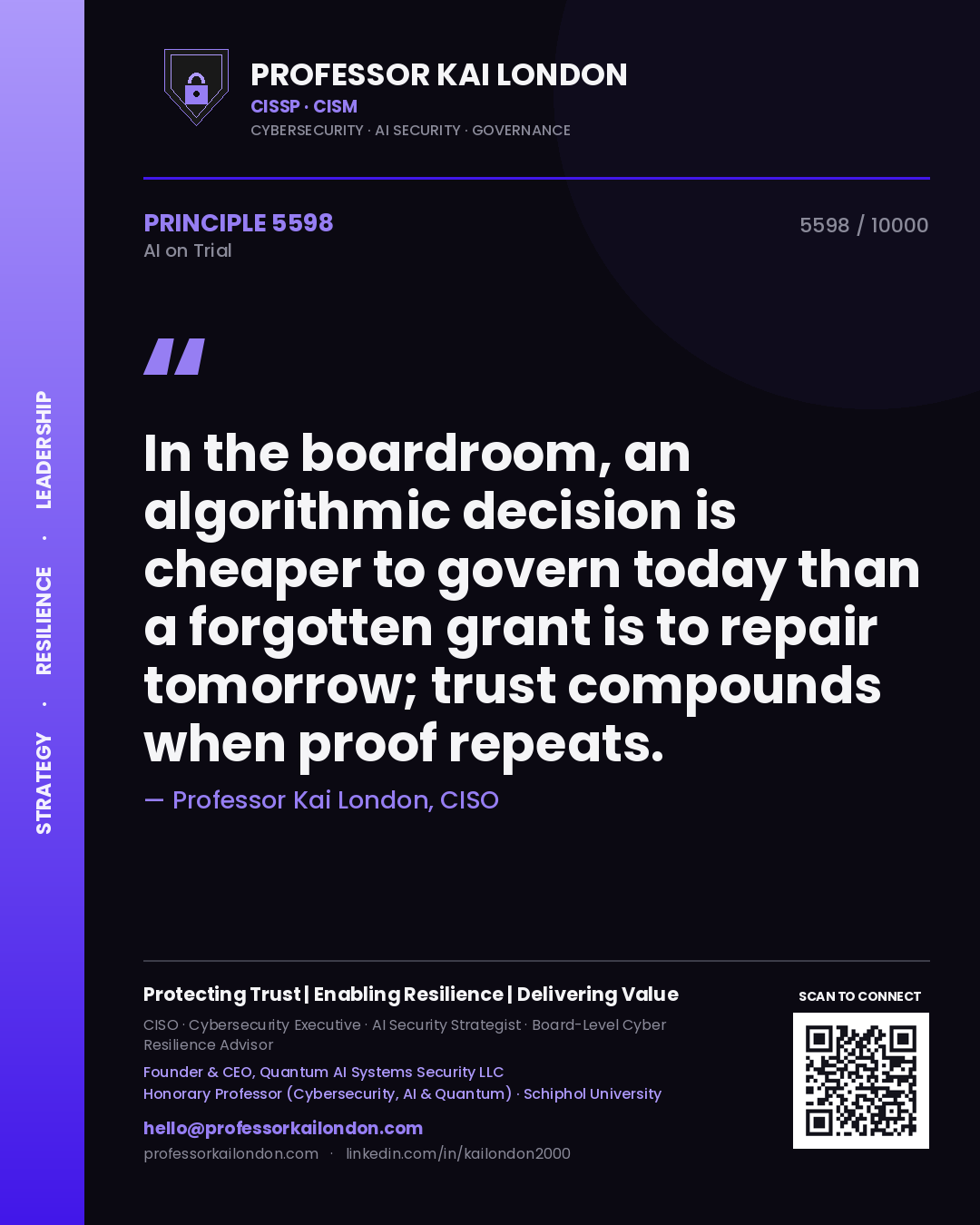 Professor Kai London principle 5598: In the boardroom, an algorithmic decision is cheaper to govern today than a forgotten grant is to repair tomorrow; trust compounds when proof repeats.
