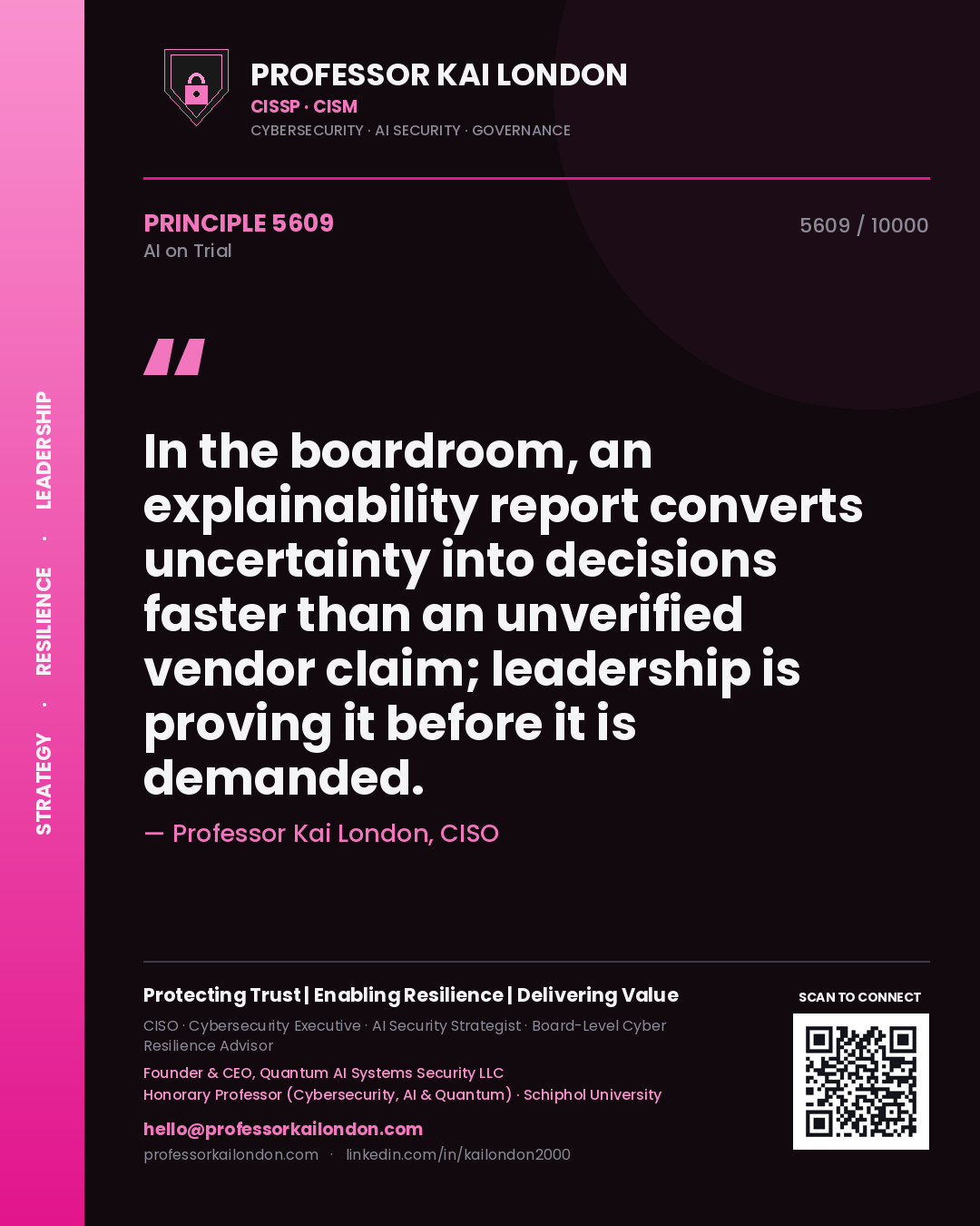 Quote card by Professor Kai London reading 'In the boardroom, an explainability report converts uncertainty into decisions faster than an unverified vendor claim; leadership is proving it before it is demanded.'. From the book AI on Trial.