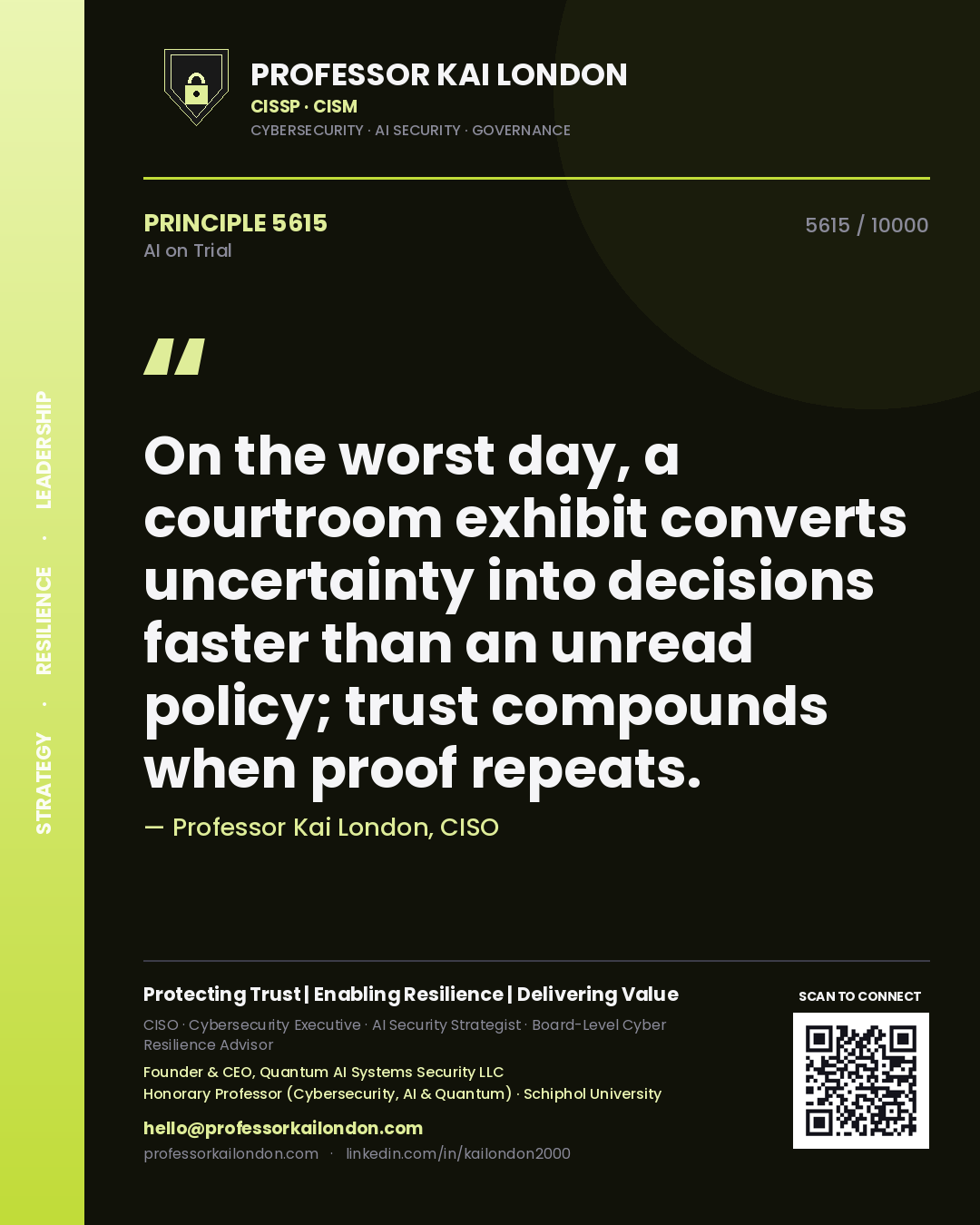 Quote card by Professor Kai London reading 'On the worst day, a courtroom exhibit converts uncertainty into decisions faster than an unread policy; trust compounds when proof repeats.'. From the book AI on Trial.