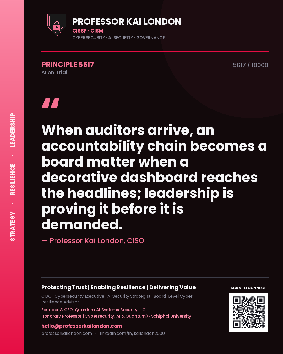 Quote card by Professor Kai London reading 'When auditors arrive, an accountability chain becomes a board matter when a decorative dashboard reaches the headlines; leadership is proving it before it is demanded.'. From the book AI on Trial.