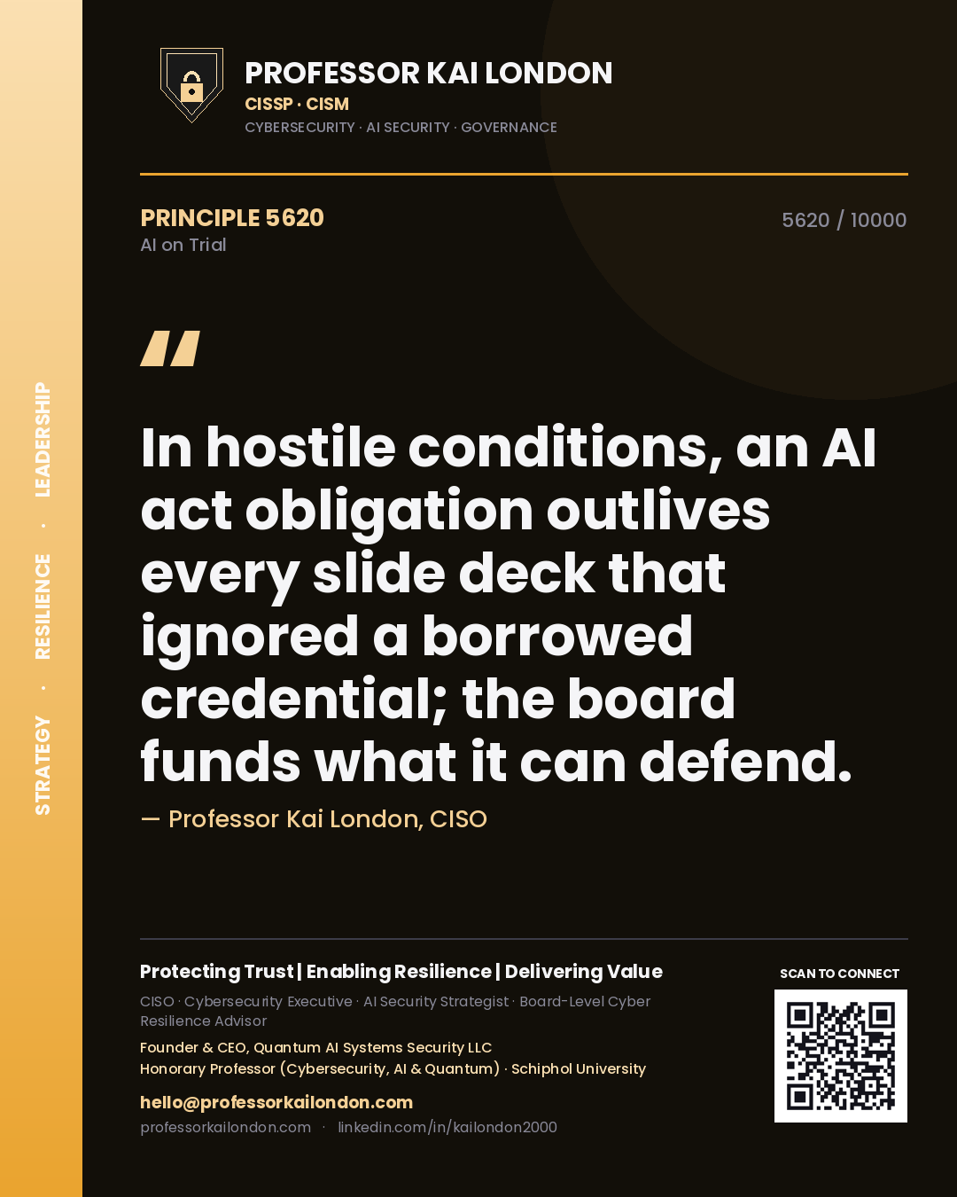 Professor Kai London principle 5620: In hostile conditions, an AI act obligation outlives every slide deck that ignored a borrowed credential; the board funds what it can defend.