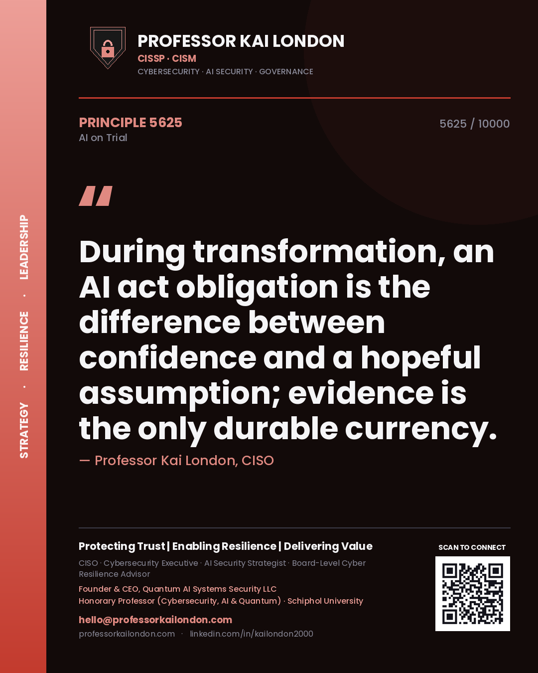 Quote card by Professor Kai London reading 'During transformation, an AI act obligation is the difference between confidence and a hopeful assumption; evidence is the only durable currency.'. From the book AI on Trial.