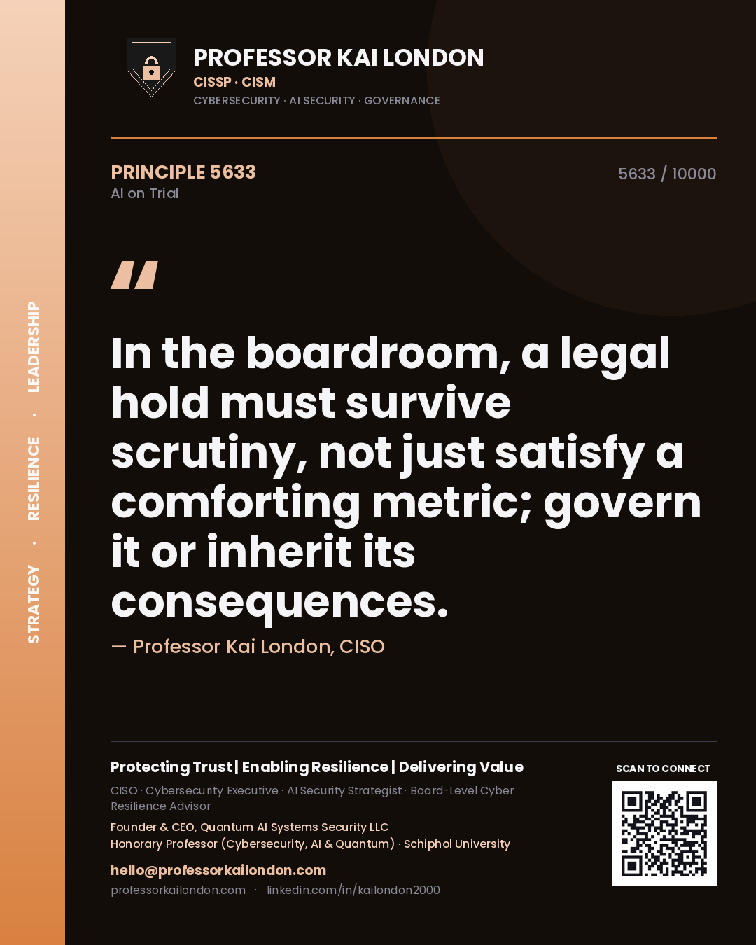 Quote card by Professor Kai London reading 'In the boardroom, a legal hold must survive scrutiny, not just satisfy a comforting metric; govern it or inherit its consequences.'. From the book AI on Trial.