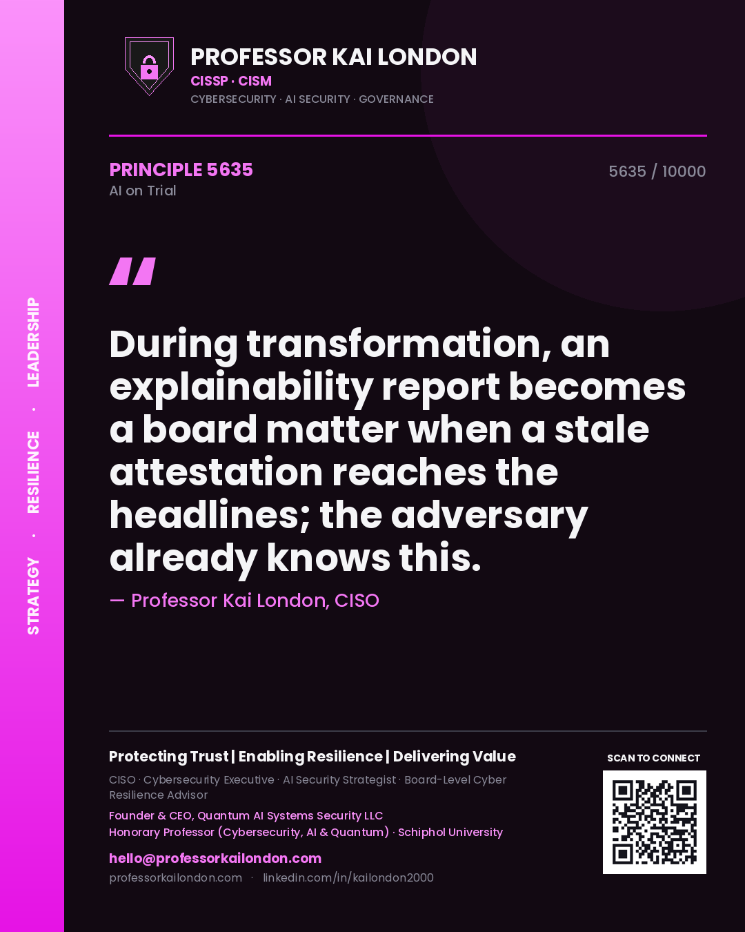 Quote card by Professor Kai London reading 'During transformation, an explainability report becomes a board matter when a stale attestation reaches the headlines; the adversary already knows this.'. From the book AI on Trial.