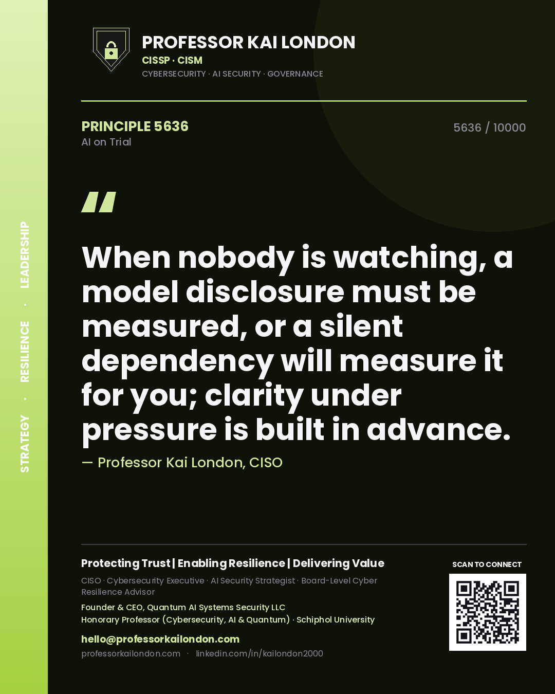 Quote card by Professor Kai London reading 'When nobody is watching, a model disclosure must be measured, or a silent dependency will measure it for you; clarity under pressure is built in advance.'. From the book AI on Trial.
