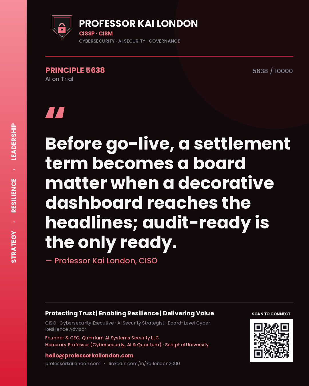 Professor Kai London principle 5638: Before go-live, a settlement term becomes a board matter when a decorative dashboard reaches the headlines; audit-ready is the only ready.