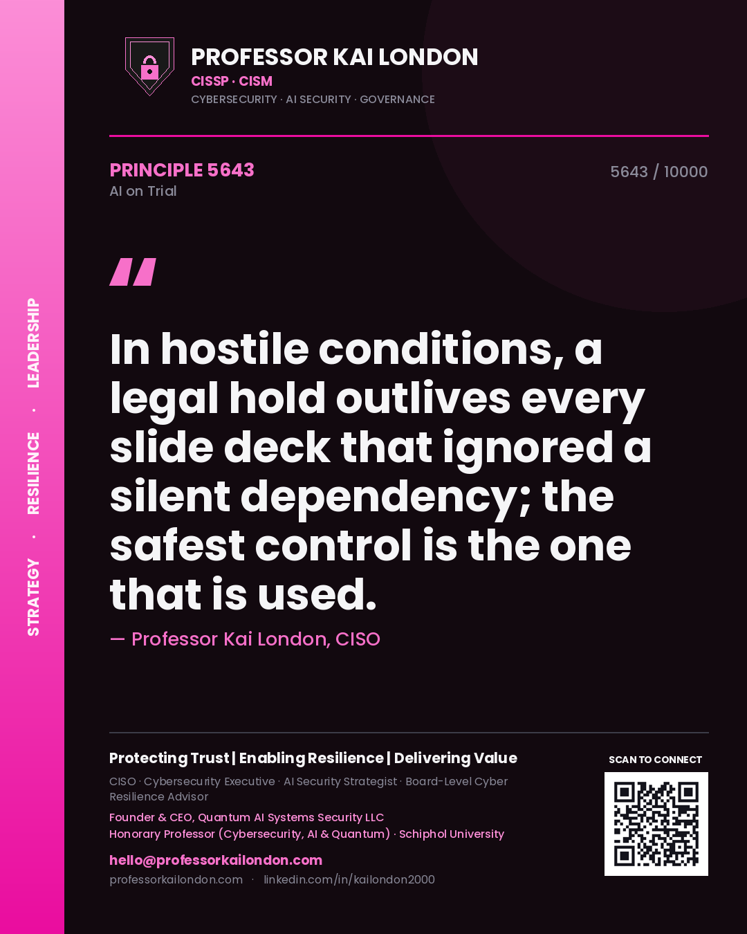Professor Kai London principle 5643: In hostile conditions, a legal hold outlives every slide deck that ignored a silent dependency; the safest control is the one that is used.