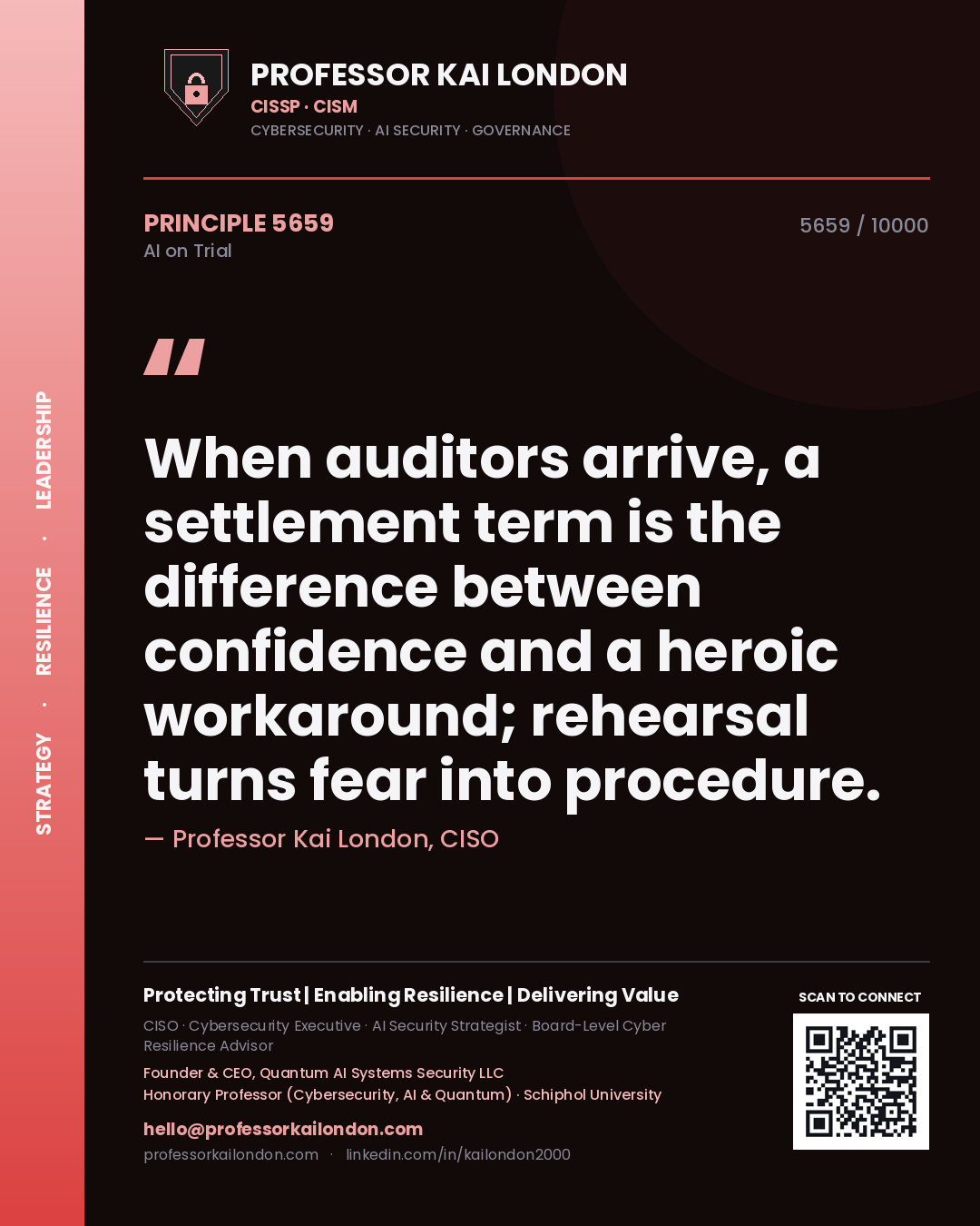 Professor Kai London principle 5659: When auditors arrive, a settlement term is the difference between confidence and a heroic workaround; rehearsal turns fear into procedure.