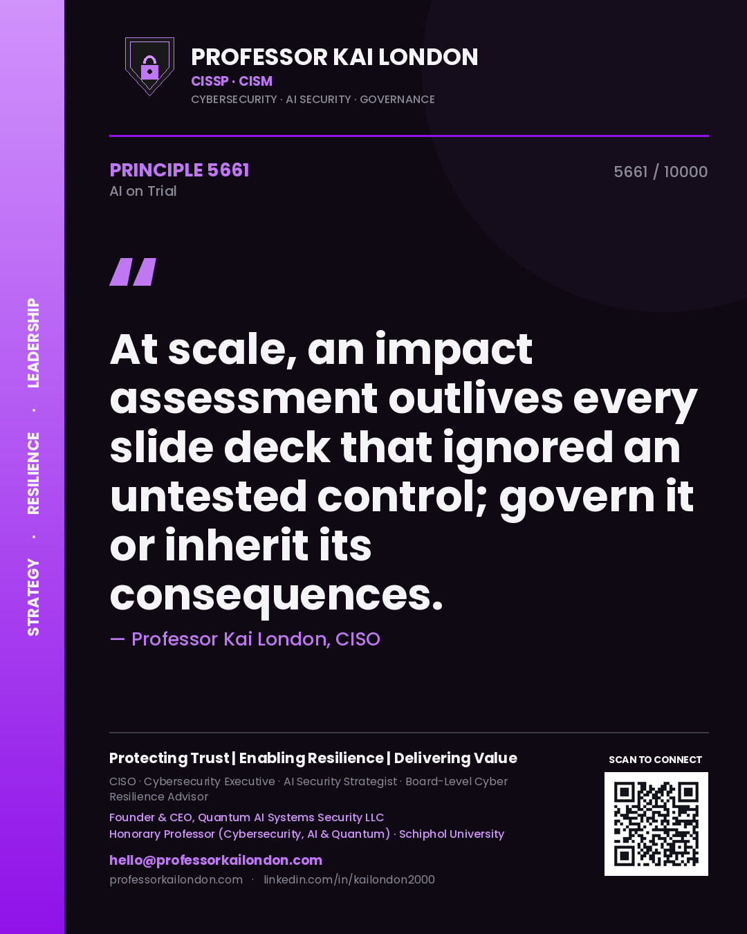 Quote card by Professor Kai London reading 'At scale, an impact assessment outlives every slide deck that ignored an untested control; govern it or inherit its consequences.'. From the book AI on Trial.