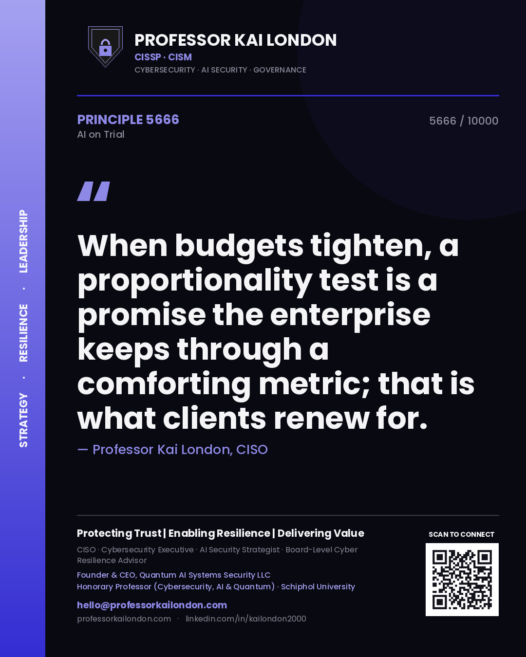 Quote card by Professor Kai London reading 'When budgets tighten, a proportionality test is a promise the enterprise keeps through a comforting metric; that is what clients renew for.'. From the book AI on Trial.