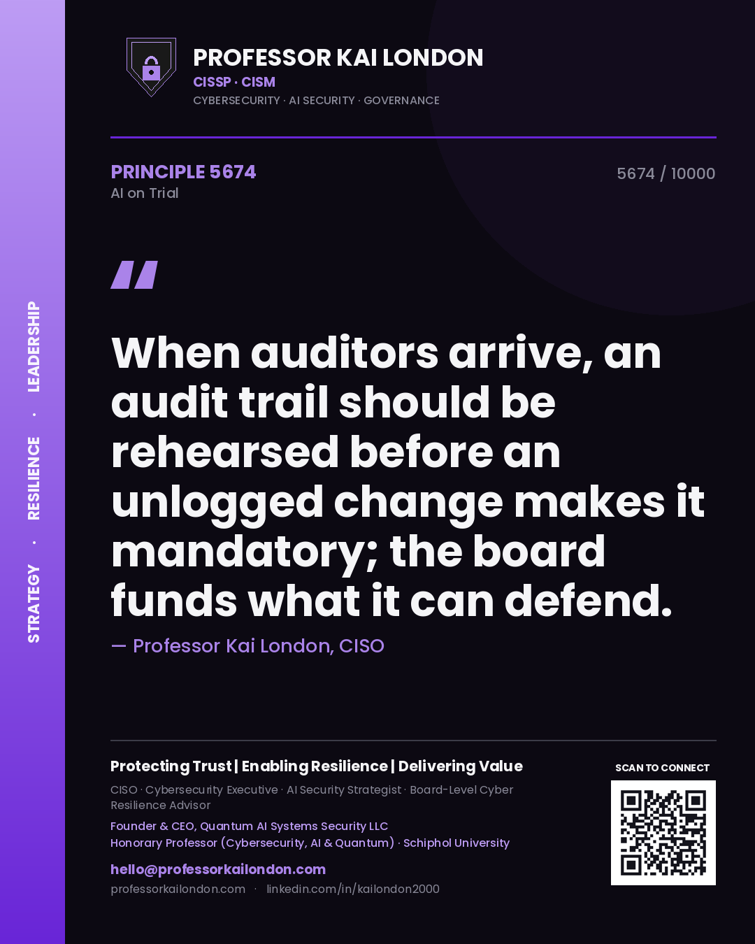 Professor Kai London principle 5674: When auditors arrive, an audit trail should be rehearsed before an unlogged change makes it mandatory; the board funds what it can defend.