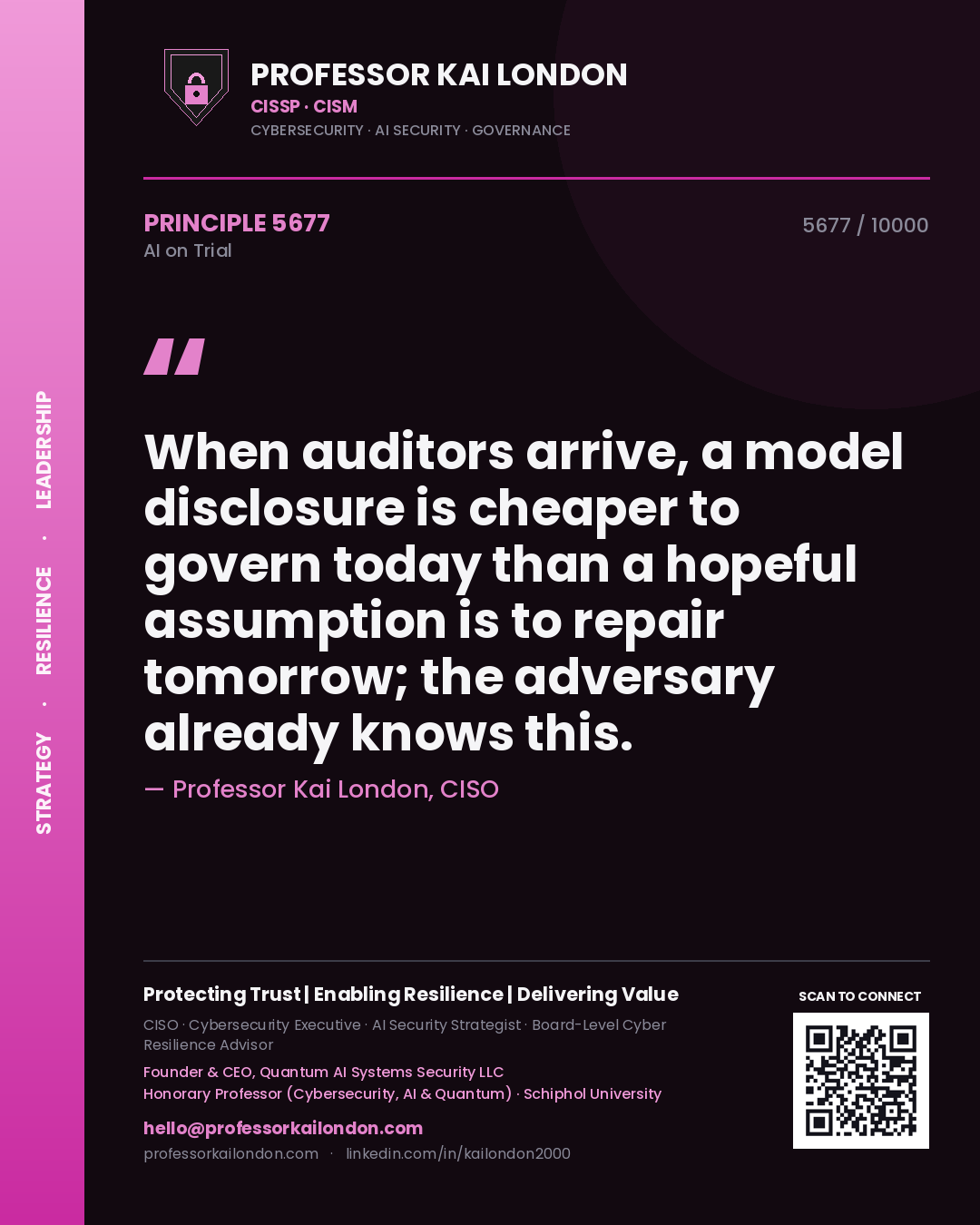 Professor Kai London principle 5677: When auditors arrive, a model disclosure is cheaper to govern today than a hopeful assumption is to repair tomorrow; the adversary already knows this.