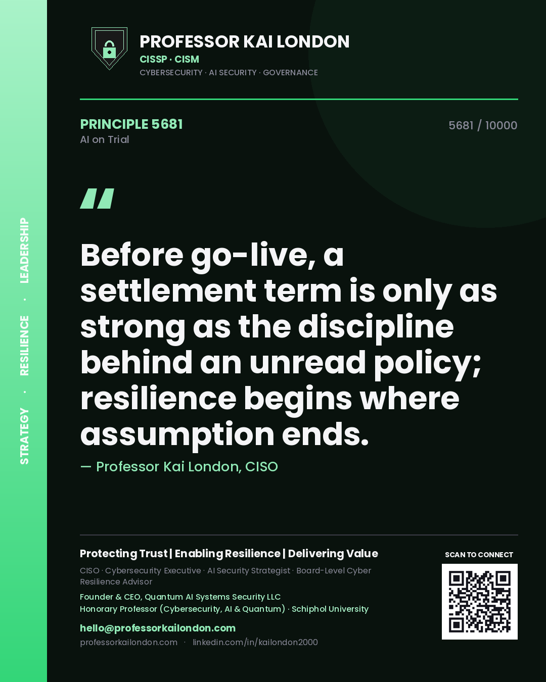 Quote card by Professor Kai London reading 'Before go-live, a settlement term is only as strong as the discipline behind an unread policy; resilience begins where assumption ends.'. From the book AI on Trial.