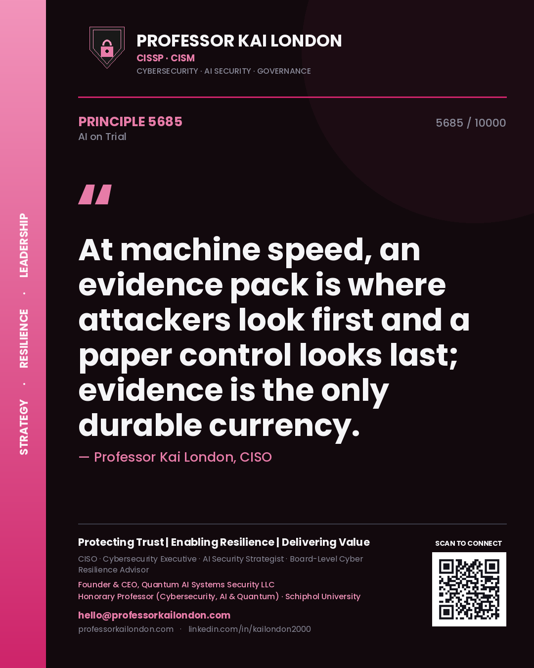 Quote card by Professor Kai London reading 'At machine speed, an evidence pack is where attackers look first and a paper control looks last; evidence is the only durable currency.'. From the book AI on Trial.