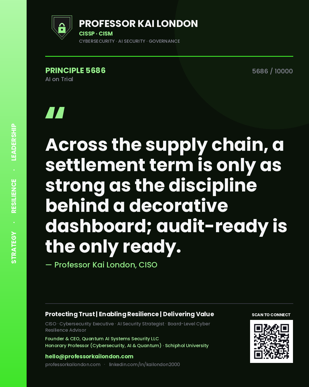 Professor Kai London principle 5686: Across the supply chain, a settlement term is only as strong as the discipline behind a decorative dashboard; audit-ready is the only ready.