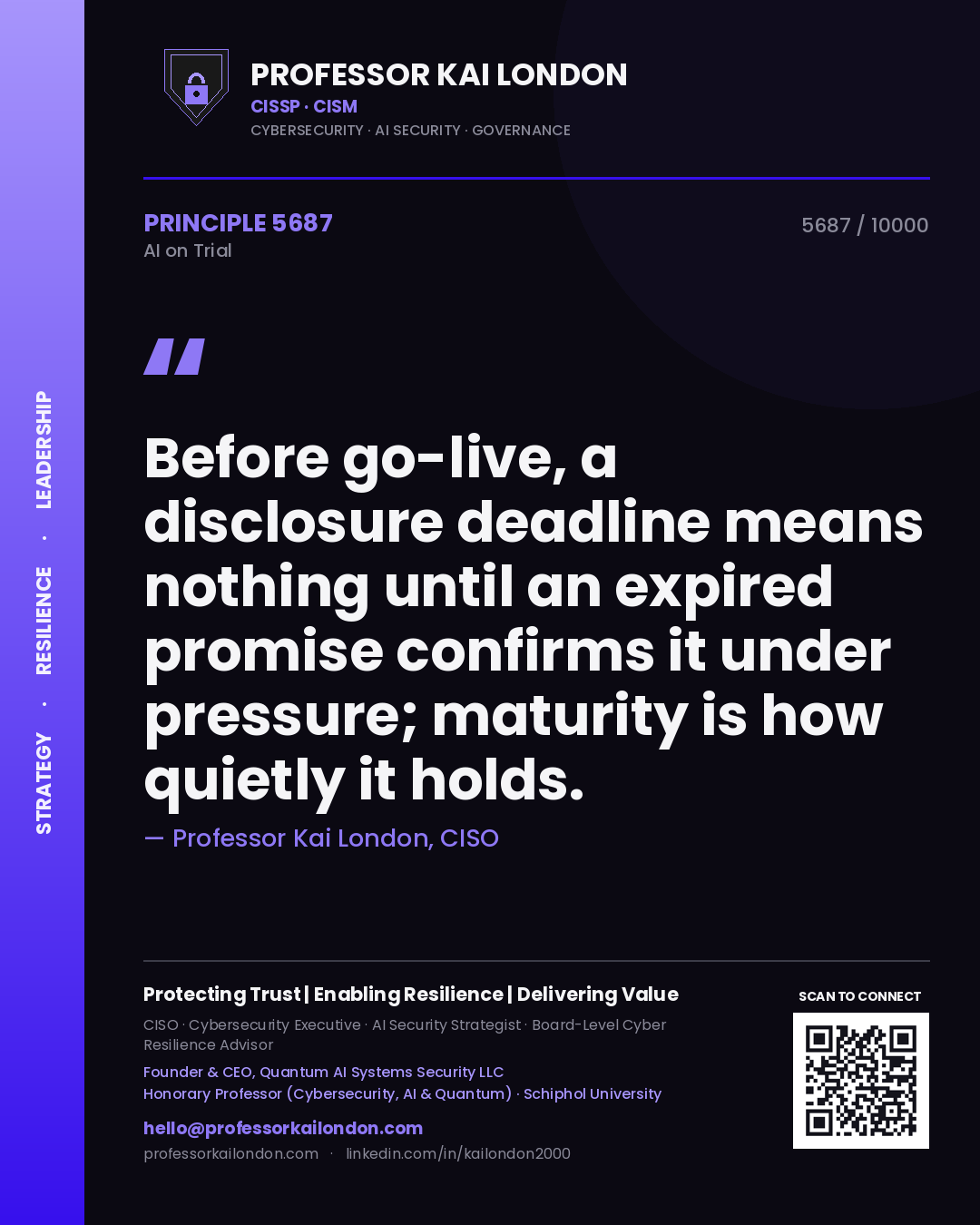 Professor Kai London principle 5687: Before go-live, a disclosure deadline means nothing until an expired promise confirms it under pressure; maturity is how quietly it holds.