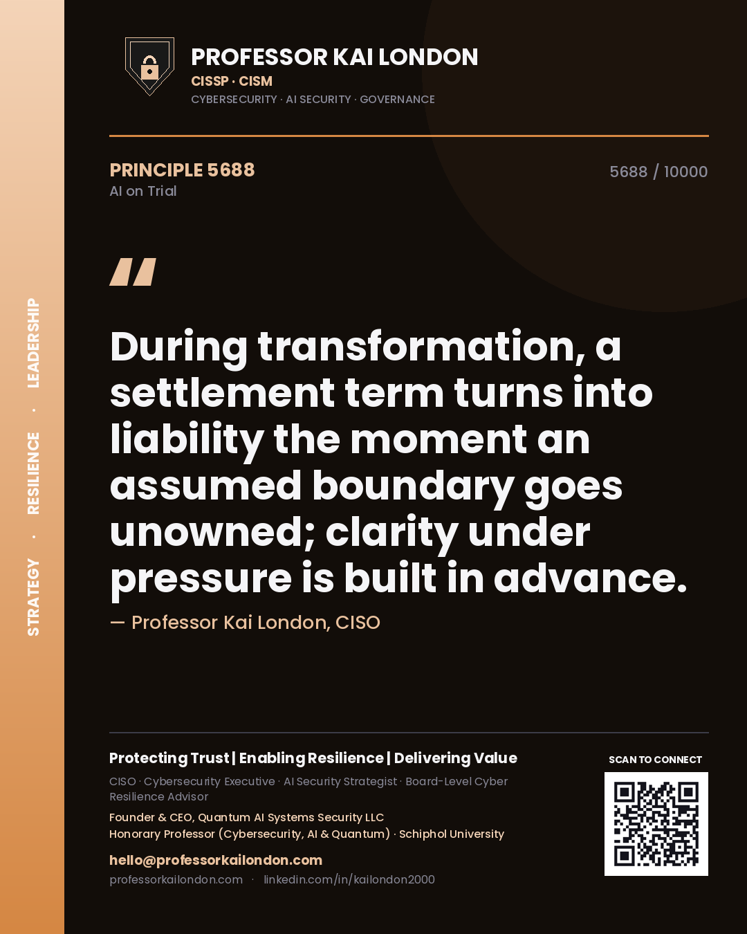 Professor Kai London principle 5688: During transformation, a settlement term turns into liability the moment an assumed boundary goes unowned; clarity under pressure is built in advance.