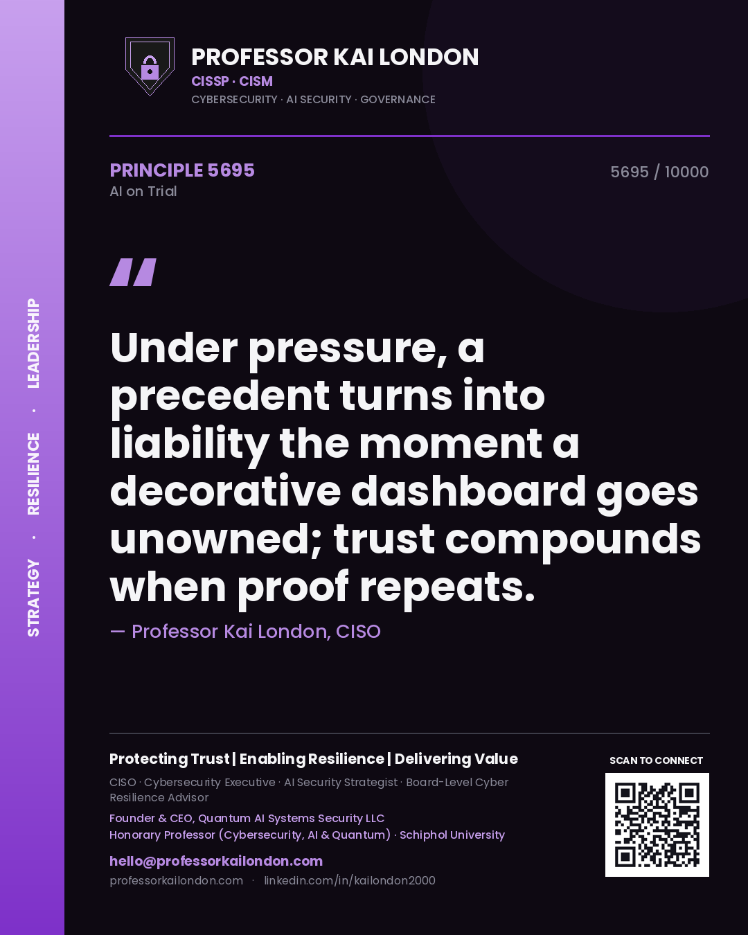 Quote card by Professor Kai London reading 'Under pressure, a precedent turns into liability the moment a decorative dashboard goes unowned; trust compounds when proof repeats.'. From the book AI on Trial.