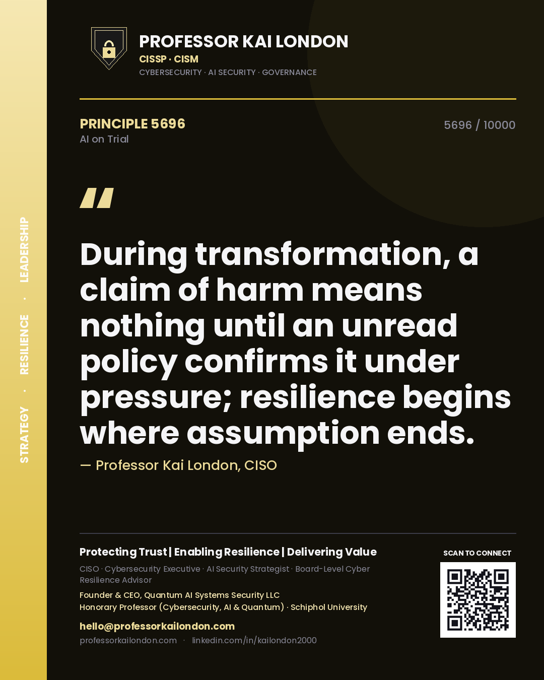 Professor Kai London principle 5696: During transformation, a claim of harm means nothing until an unread policy confirms it under pressure; resilience begins where assumption ends.