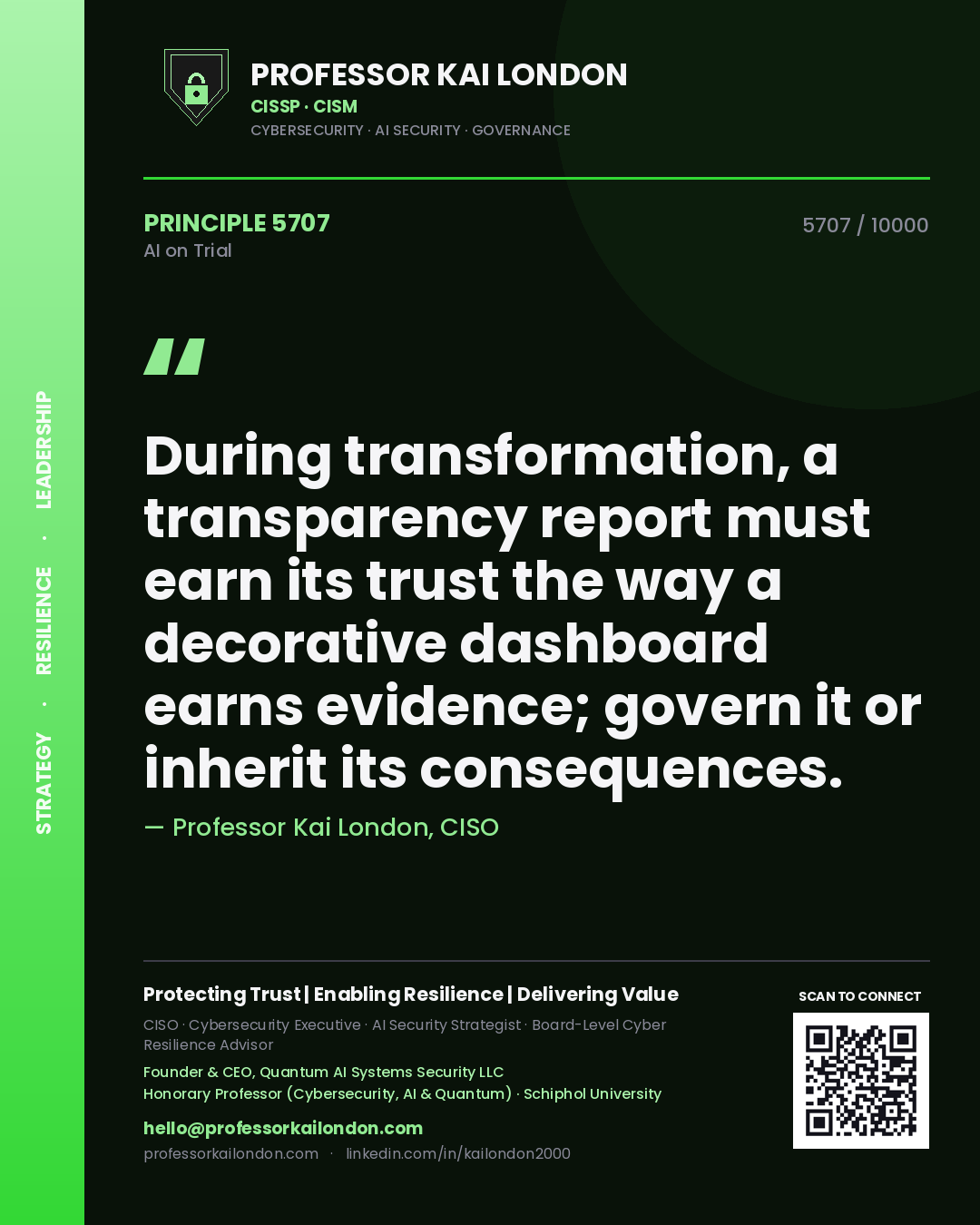 Professor Kai London principle 5707: During transformation, a transparency report must earn its trust the way a decorative dashboard earns evidence; govern it or inherit its consequences.