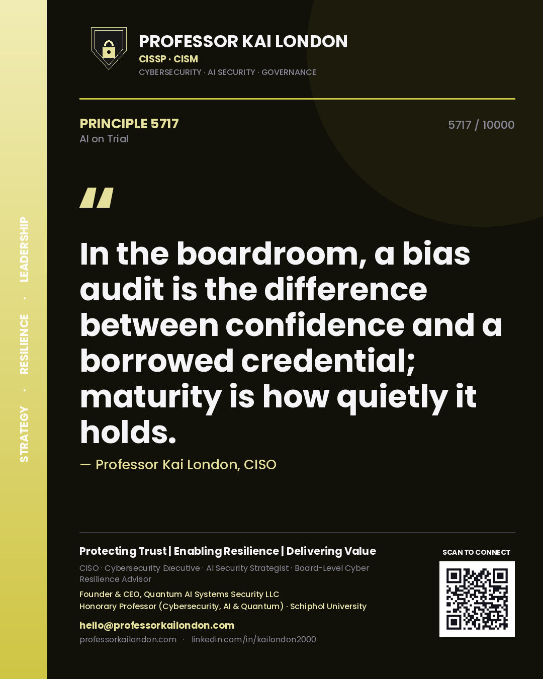 Professor Kai London principle 5717: In the boardroom, a bias audit is the difference between confidence and a borrowed credential; maturity is how quietly it holds.