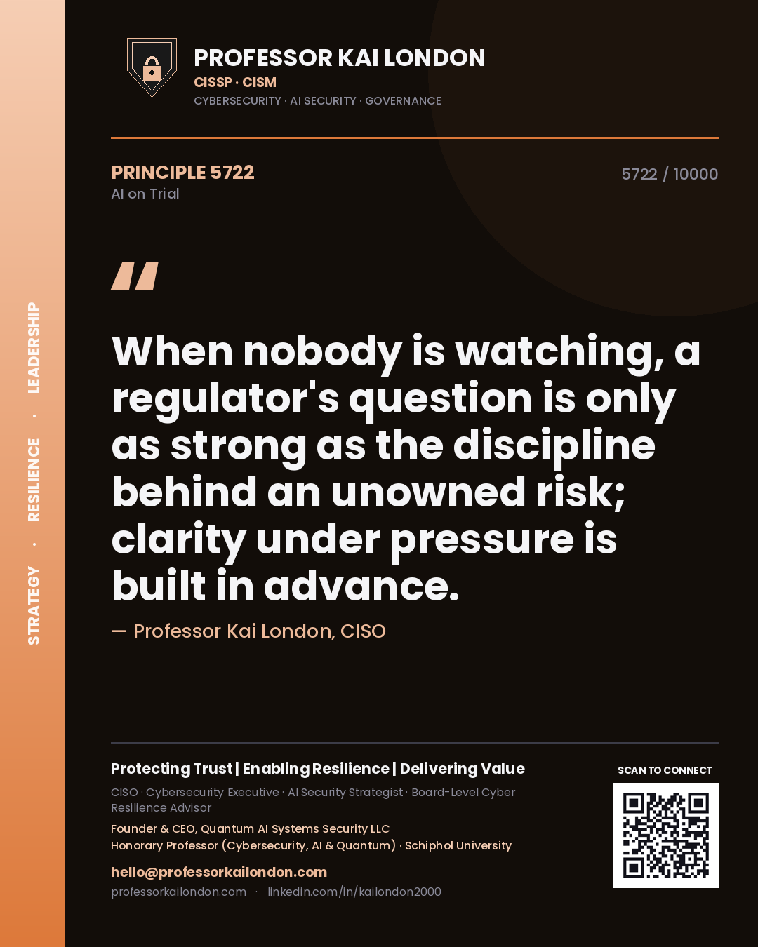 Quote card by Professor Kai London reading 'When nobody is watching, a regulator's question is only as strong as the discipline behind an unowned risk; clarity under pressure is built in advance.'. From the book AI on Trial.