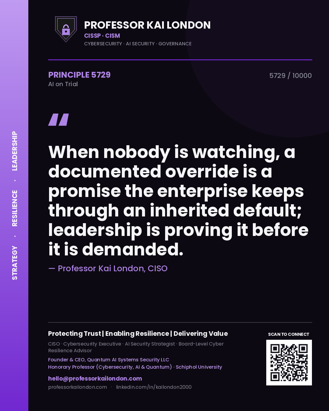 Quote card by Professor Kai London reading 'When nobody is watching, a documented override is a promise the enterprise keeps through an inherited default; leadership is proving it before it is demanded.'. From the book AI on Trial.