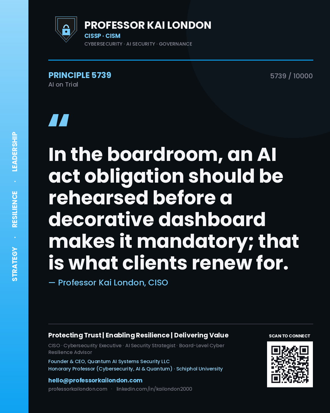 Professor Kai London principle 5739: In the boardroom, an AI act obligation should be rehearsed before a decorative dashboard makes it mandatory; that is what clients renew for.